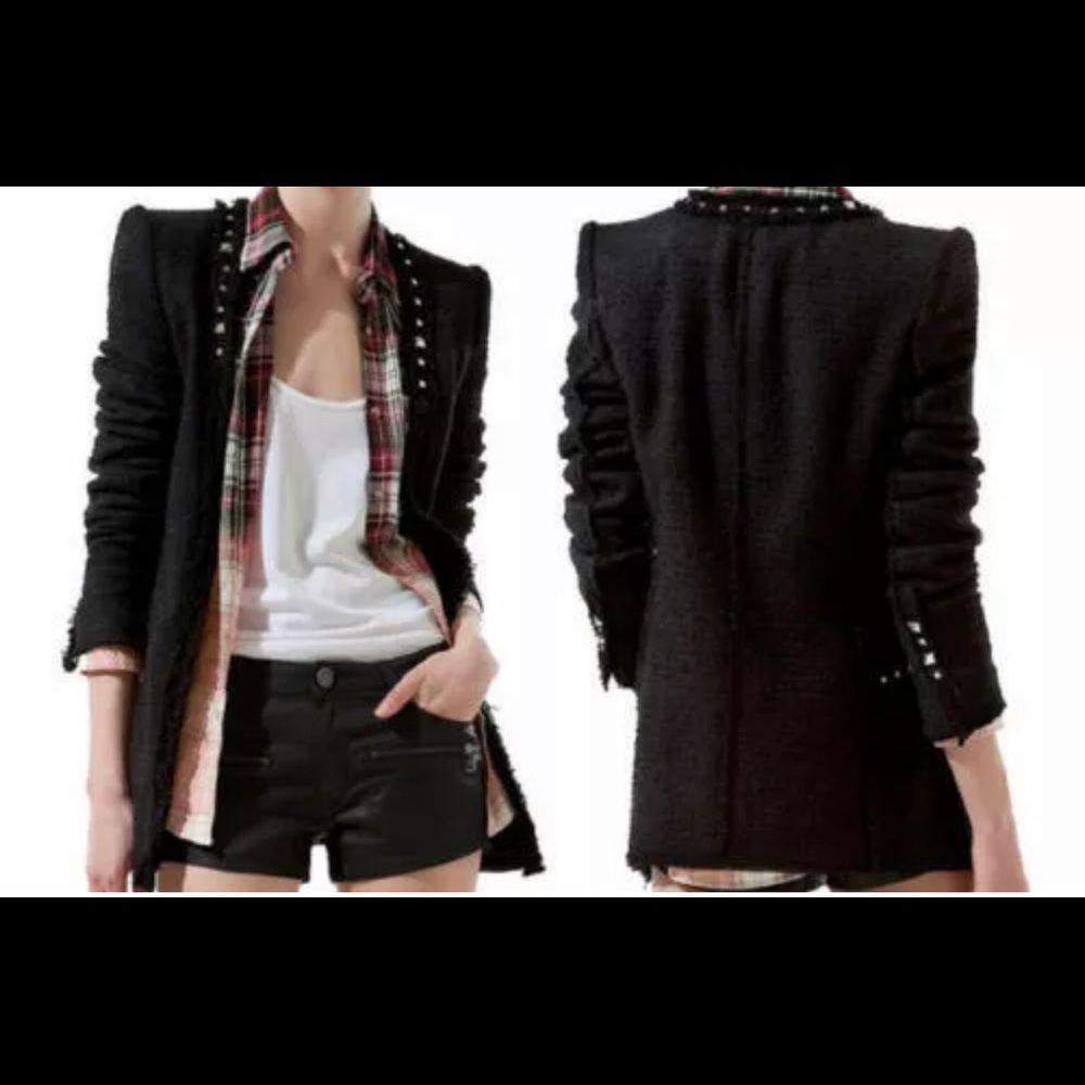Zara Tweed Rock Stud Black Frayed Blazer